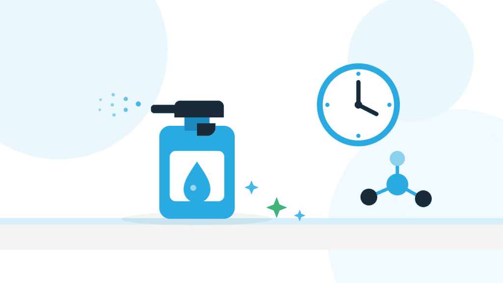 Illustration zu Desinfektionsmittel-Wirkstoffen: Sprühflasche mit Wirkstofftropfen, Uhr für die Einwirkzeit und Molekül auf heller Küchenfläche.