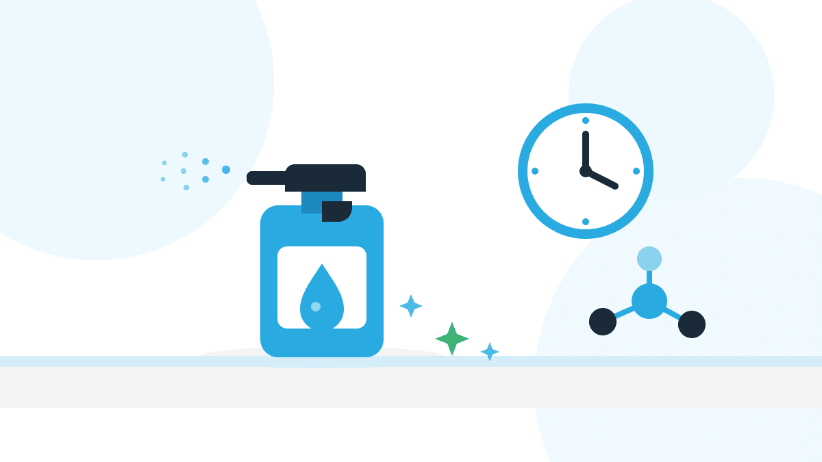 desinfektionsmittel-wirkstoffe-beitragsbild Illustration zu Desinfektionsmittel-Wirkstoffen: Sprühflasche mit Wirkstofftropfen, Uhr für die Einwirkzeit und Molekül auf heller Küchenfläche.
