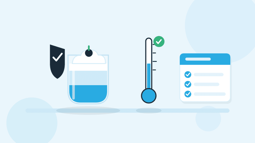 Illustration zu Desserts und Cremespeisen mit Dessertglas, Thermometer, Checkliste und Schutzschild im QMSpot-Stil.