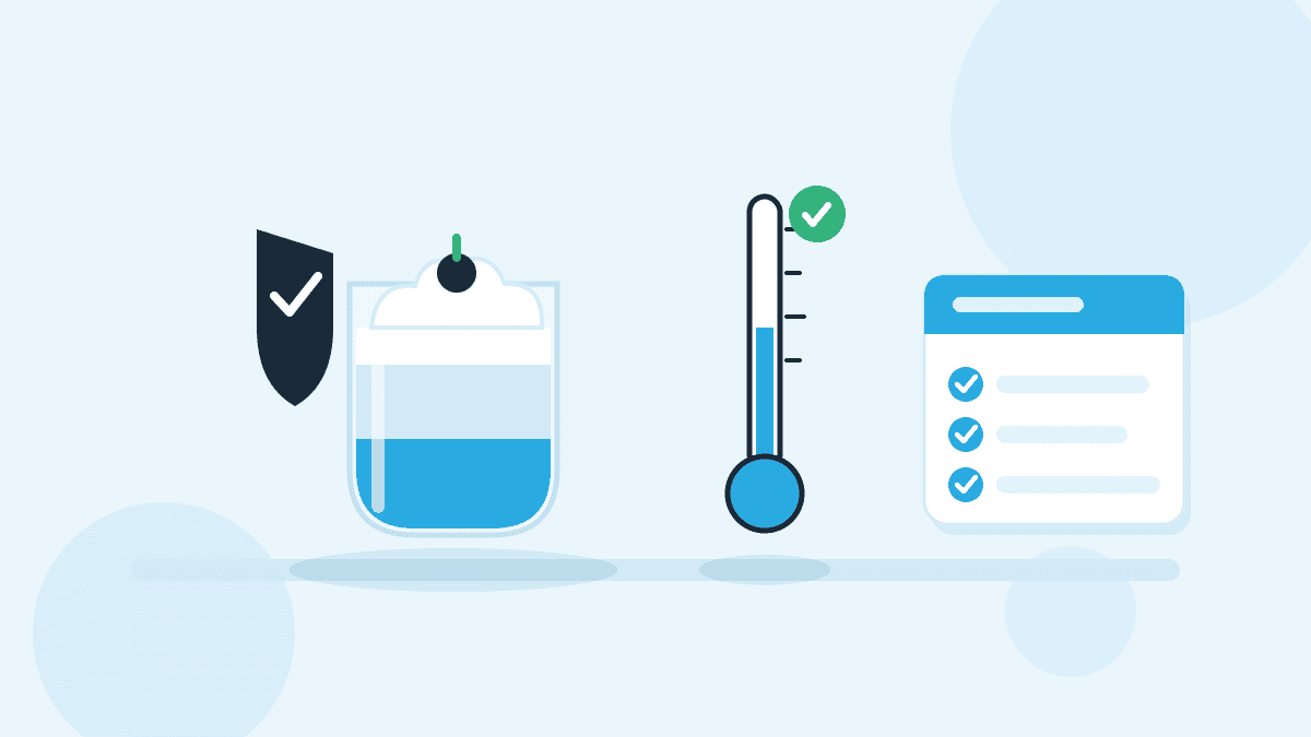 desserts-cremespeisen-illustration Illustration zu Desserts und Cremespeisen mit Dessertglas, Thermometer, Checkliste und Schutzschild im QMSpot-Stil.