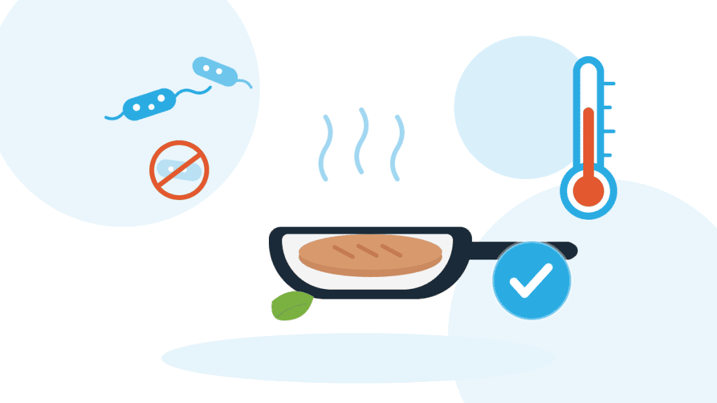 Illustration zu EHEC in der Lebensmittelbranche: Pfanne mit durchgegartem Fleisch, Thermometer und neutralisiertes Bakterium als Symbol für sicheres Erhitzen