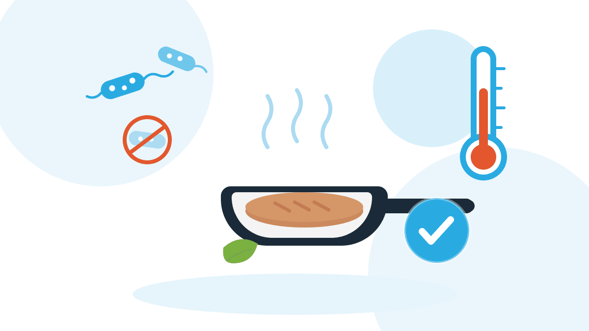 ehec-lebensmittelbranche Illustration zu EHEC in der Lebensmittelbranche: Pfanne mit durchgegartem Fleisch, Thermometer und neutralisiertes Bakterium als Symbol für sicheres Erhitzen