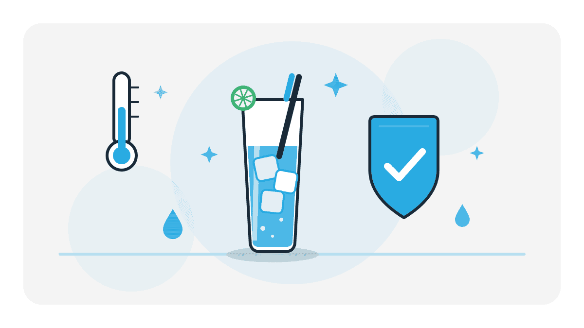 Illustration zur Eiswürfel-Hygiene in der Gastronomie mit gefülltem Glas voller Eiswürfel, Thermometer und Hygiene-Häkchen.