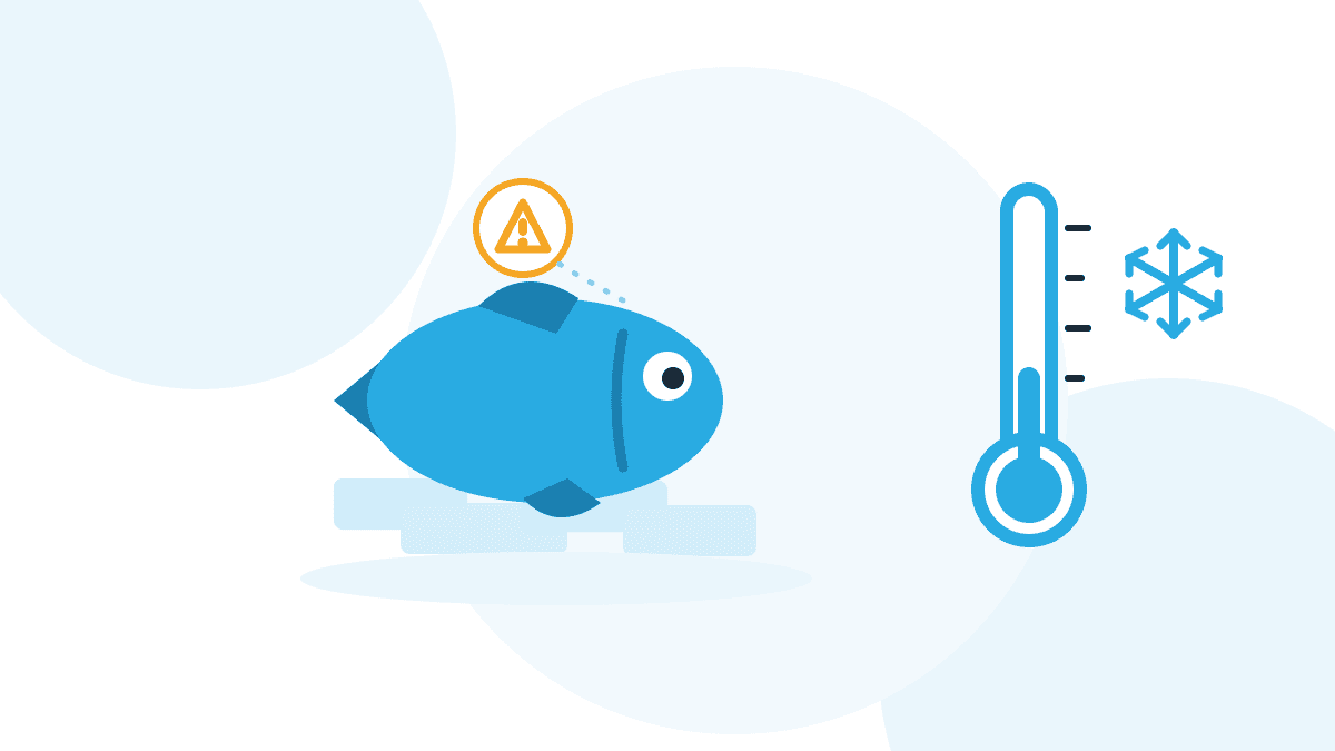 histamin-in-fisch Illustration mit blauem Fisch auf Eis, Thermometer und Schneeflocke als Symbol für Histamin in Fisch und lückenlose Kühlkette