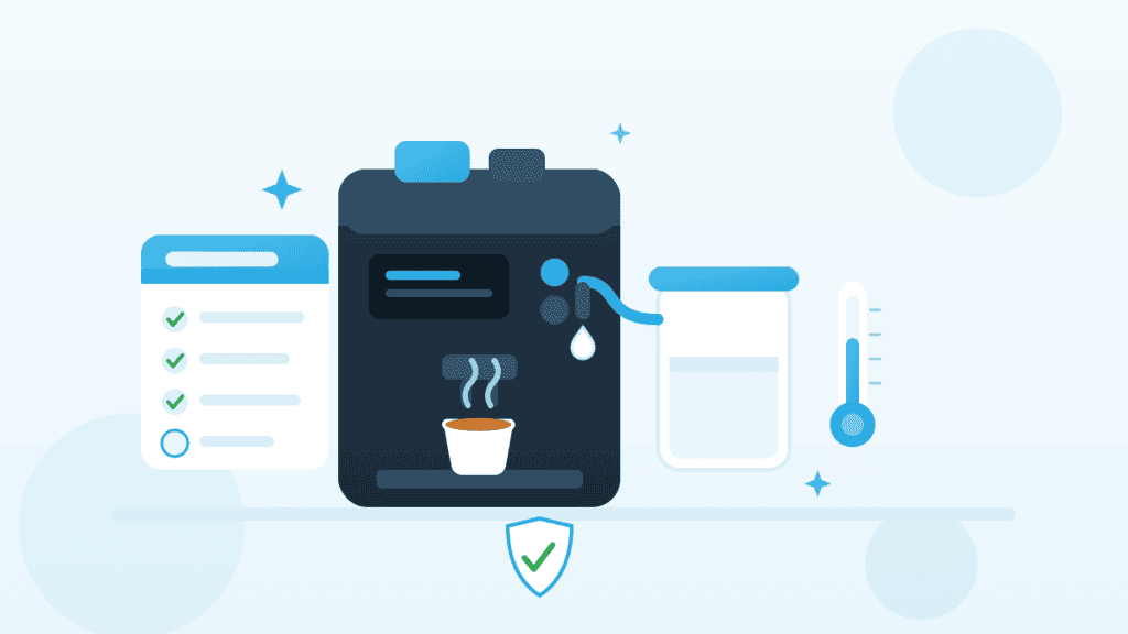 Illustration zur Hygiene beim Kaffeevollautomaten mit Kaffeeautomat, Milchsystem, Checkliste und Thermometer.