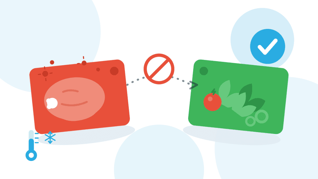 Illustration zur Kreuzkontamination bei Lebensmitteln: rotes Schneidebrett mit rohem Fleisch und Keimen, grünes Brett mit Gemüse, blockierte Keimübertragung.