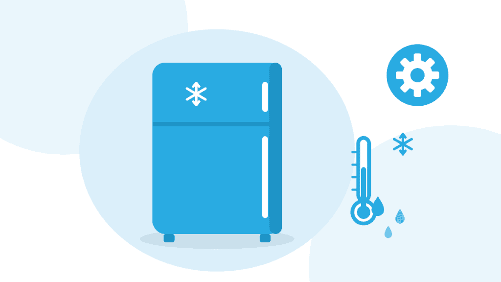 Illustriertes Kühlgerät mit Thermometer, Schneeflocke und Wartungssymbol zum Thema Kühlgeräte warten und abtauen