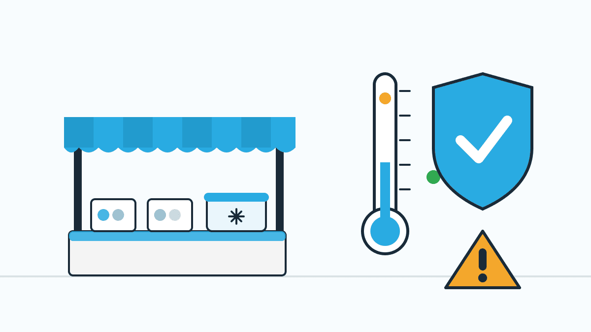Alt-Text: Illustration eines Marktstands mit blauer Markise, Kühlbox, Thermometer und Hygiene-Schild als Symbol für Lebensmittelhygiene am Marktstand.