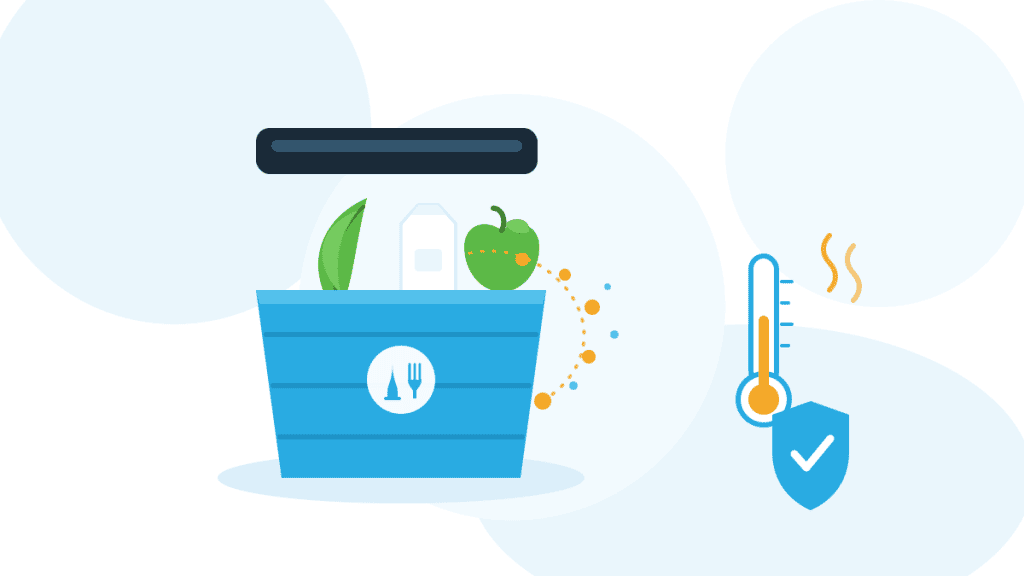 Illustration zur Migration aus Verpackungen: Stoffe wandern aus einem Kunststoffbehälter ins Lebensmittel, daneben ein Thermometer für den Temperatureinfluss.