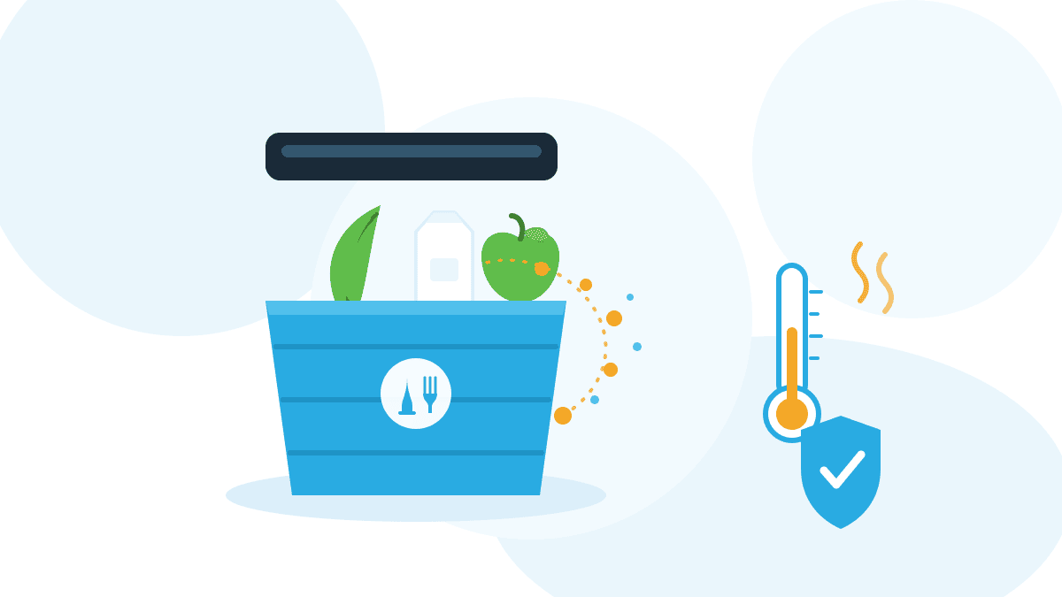 migration-aus-verpackungen Illustration zur Migration aus Verpackungen: Stoffe wandern aus einem Kunststoffbehälter ins Lebensmittel, daneben ein Thermometer für den Temperatureinfluss.