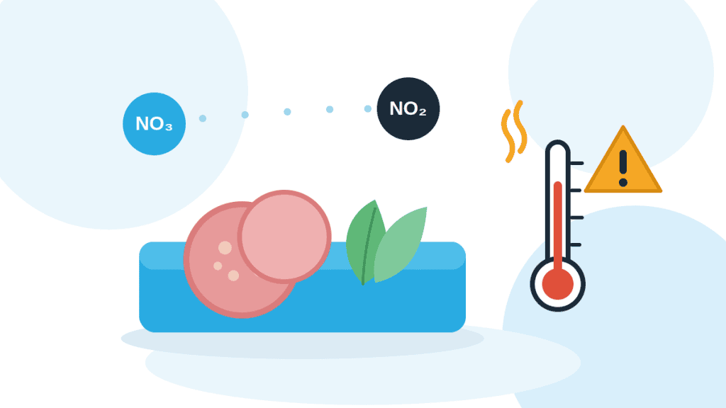 Illustration zu Nitrat und Nitrit in Lebensmitteln: Aufschnitt, Blattgemüse und Thermometer mit Warnsymbol für Höchstmengen und Temperatur.