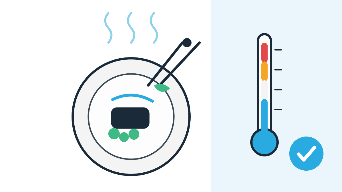 Illustration zum Portionieren und Anrichten: Teller mit Speise, Zange beim Anrichten einer Garnitur, Thermometer mit Kalt- und Warmzone und blaues Häkchen für geprüfte Hygiene.