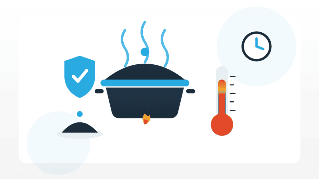 Illustration zum Regenerieren von Speisen mit Warmhaltebehälter, Thermometer und Sicherheits-Häkchen im QMSpot-Look.
