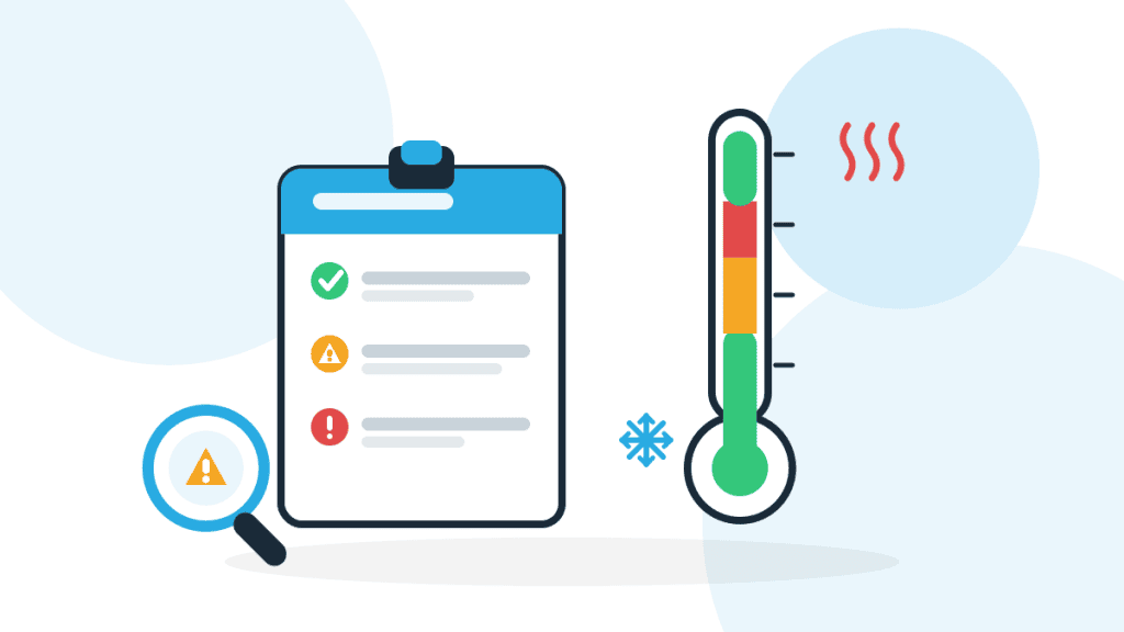 Illustration zur Risikoanalyse Gastronomie: Prüf-Checkliste mit Ampelbewertung, Lupe und Thermometer mit Temperaturzonen.