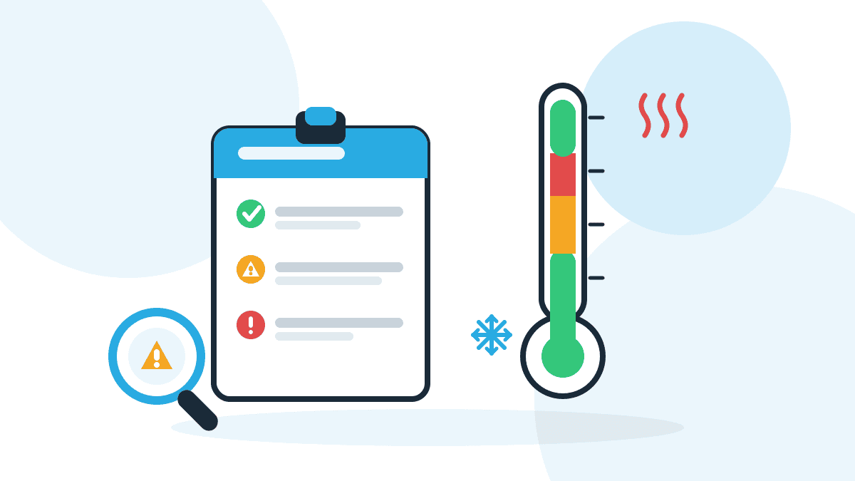 Illustration zur Risikoanalyse Gastronomie: Prüf-Checkliste mit Ampelbewertung, Lupe und Thermometer mit Temperaturzonen.