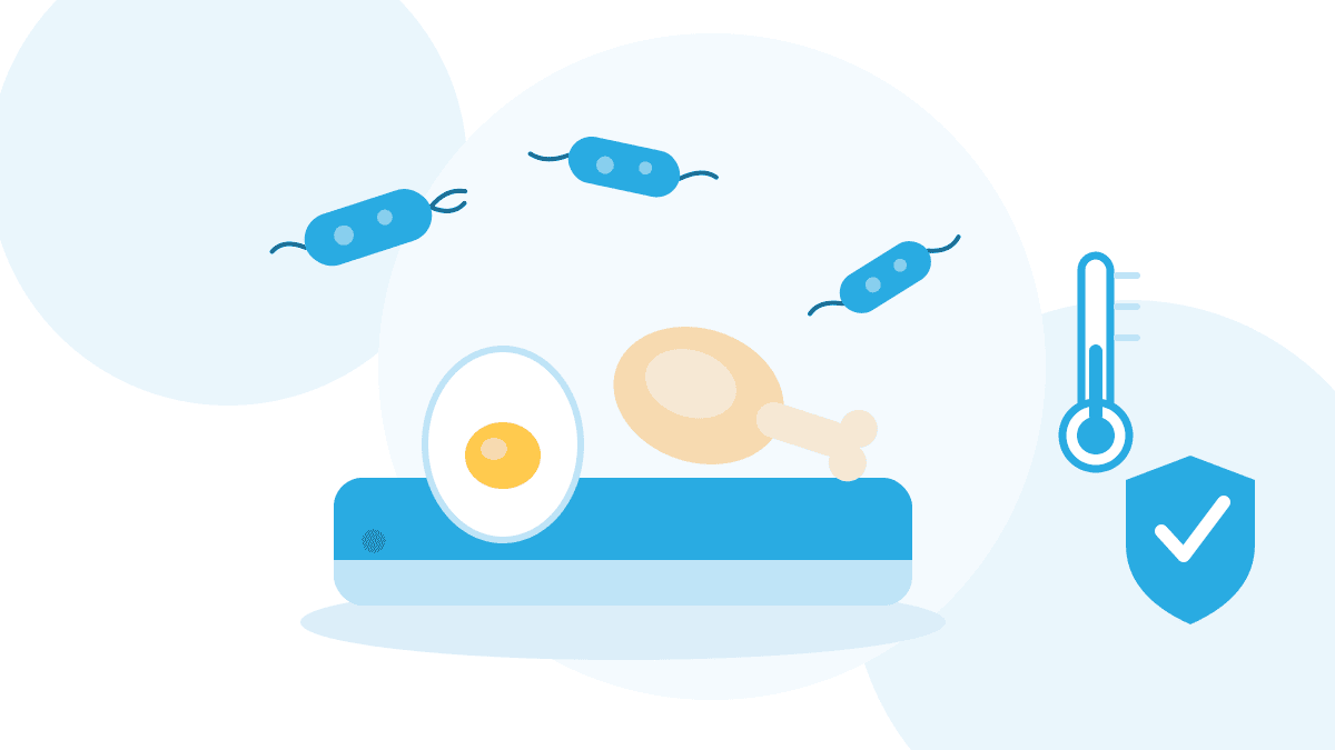 Illustration zu Salmonellen in der Lebensmittelbranche: Ei und Geflügel auf einem Schneidebrett mit Bakterien, Thermometer und Schutzschild