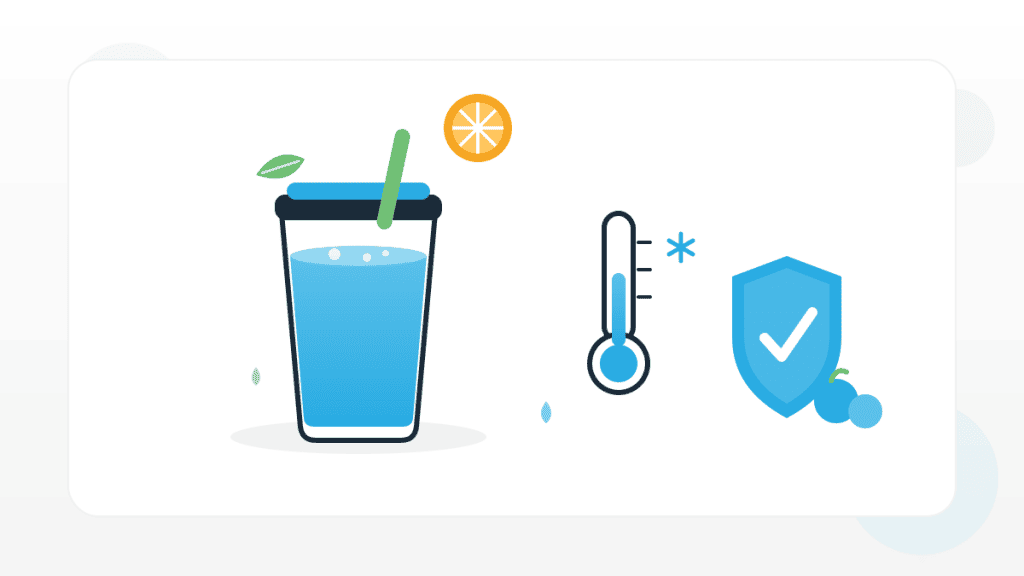Illustration zu Smoothies und frisch gepresste Säfte mit Becher, Strohhalm, Kühl-Thermometer, Schutzschild und Frucht-Icons.