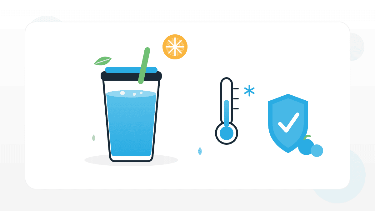 smoothies-frisch-gepresste-saefte-illustration Illustration zu Smoothies und frisch gepresste Säfte mit Becher, Strohhalm, Kühl-Thermometer, Schutzschild und Frucht-Icons.