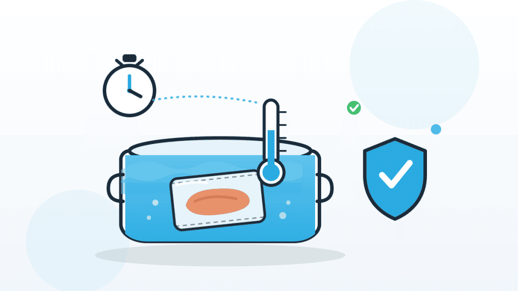 Illustration zu Sous-vide Lebensmittelsicherheit mit Wasserbad, Vakuumbeutel, Thermometer, Timer und Prüfsiegel im QMSpot-Look.