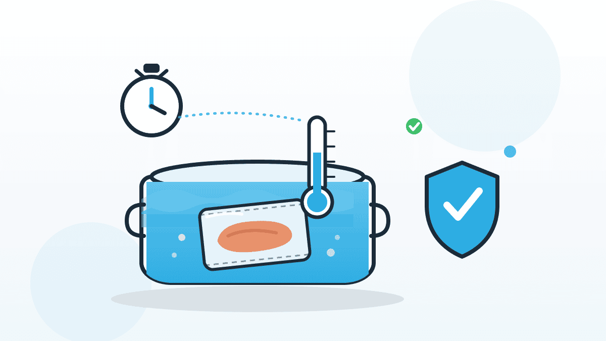 Illustration zu Sous-vide Lebensmittelsicherheit mit Wasserbad, Vakuumbeutel, Thermometer, Timer und Prüfsiegel im QMSpot-Look.