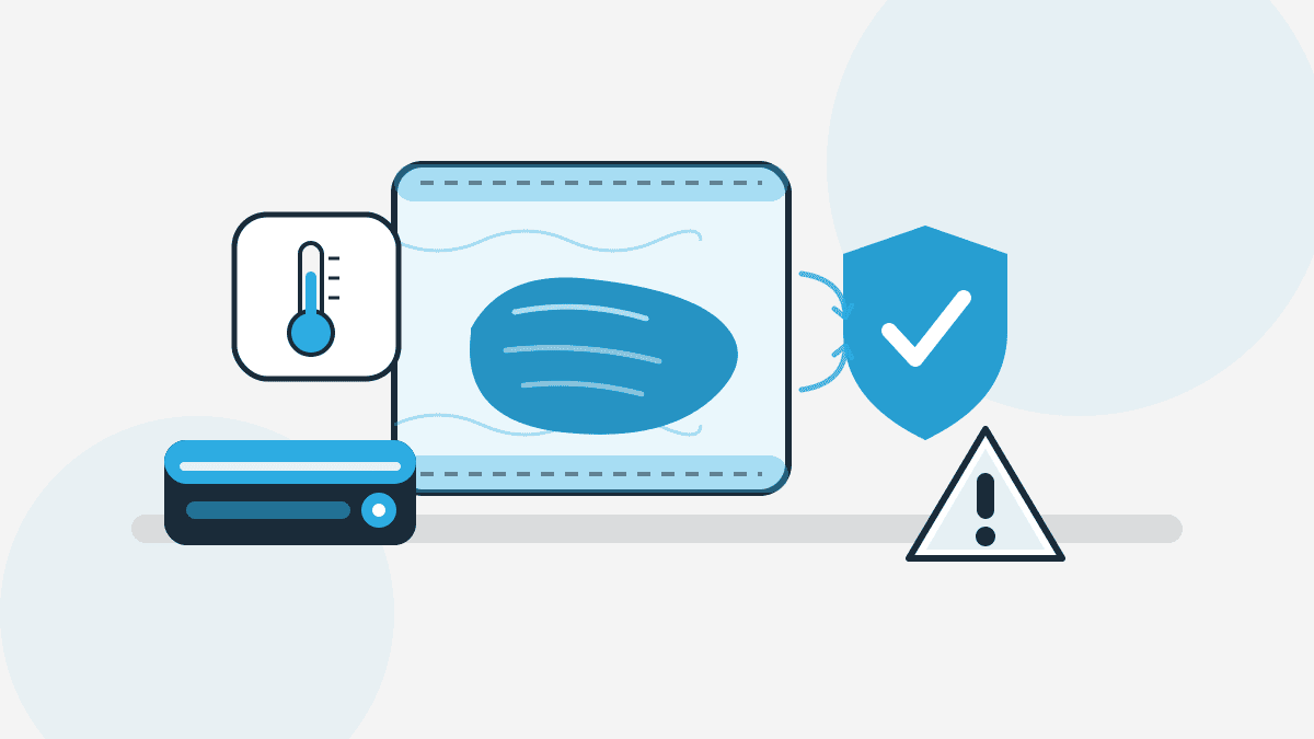Illustration zu Vakuumieren und Vakuumverpackung mit versiegeltem Vakuumbeutel, Thermometer, Schutzschild und Warnsymbol im QMSpot-Look.