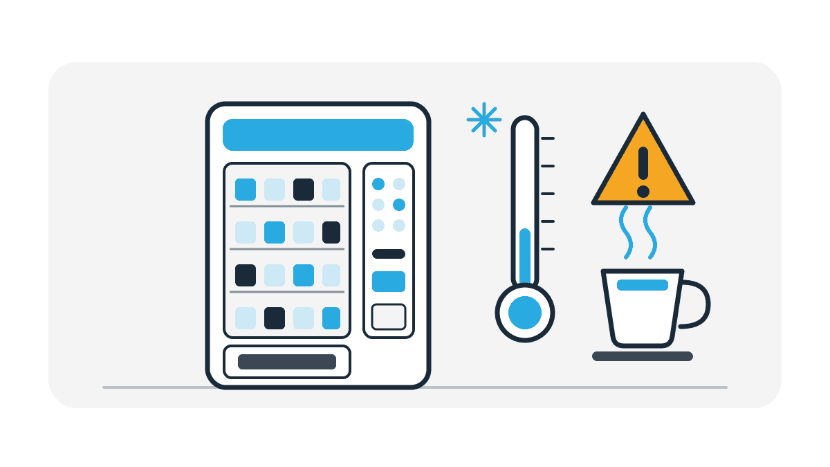 vending-automatenverpflegung-illustration Illustration zur Automatenverpflegung mit Verkaufsautomat, Thermometer, Warndreieck und dampfendem Kaffeebecher