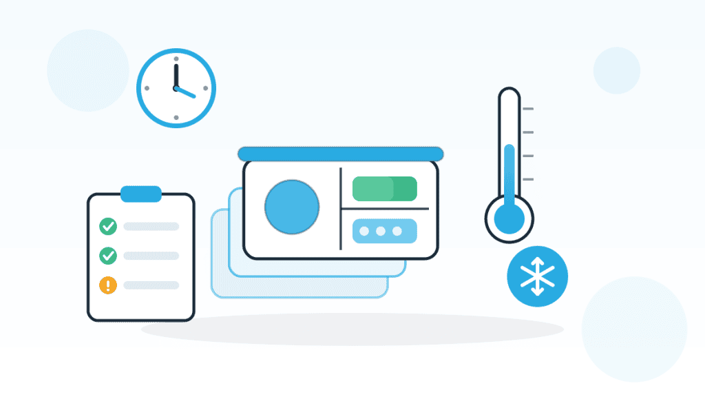 Illustration im QMSpot-Stil: Meal-Prep-Behälter mit Fächern, Thermometer, Uhr, Schneeflocken-Symbol und Checkliste als Sinnbild für sichere Vorproduktion in der Gastronomie
