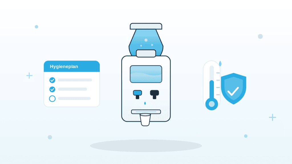 Illustration zur Wasserspender-Hygiene mit Wasserspender, Hygieneplan-Checkliste, Thermometer und Schutzschild in QMSpot-Blau.