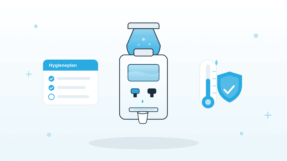Illustration zur Wasserspender-Hygiene mit Wasserspender, Hygieneplan-Checkliste, Thermometer und Schutzschild in QMSpot-Blau.